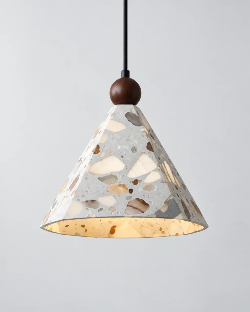 Lampada a sospensione NEMA, cono in terrazzo con sfera in noce – singola, terrazzo, foto prodotto
