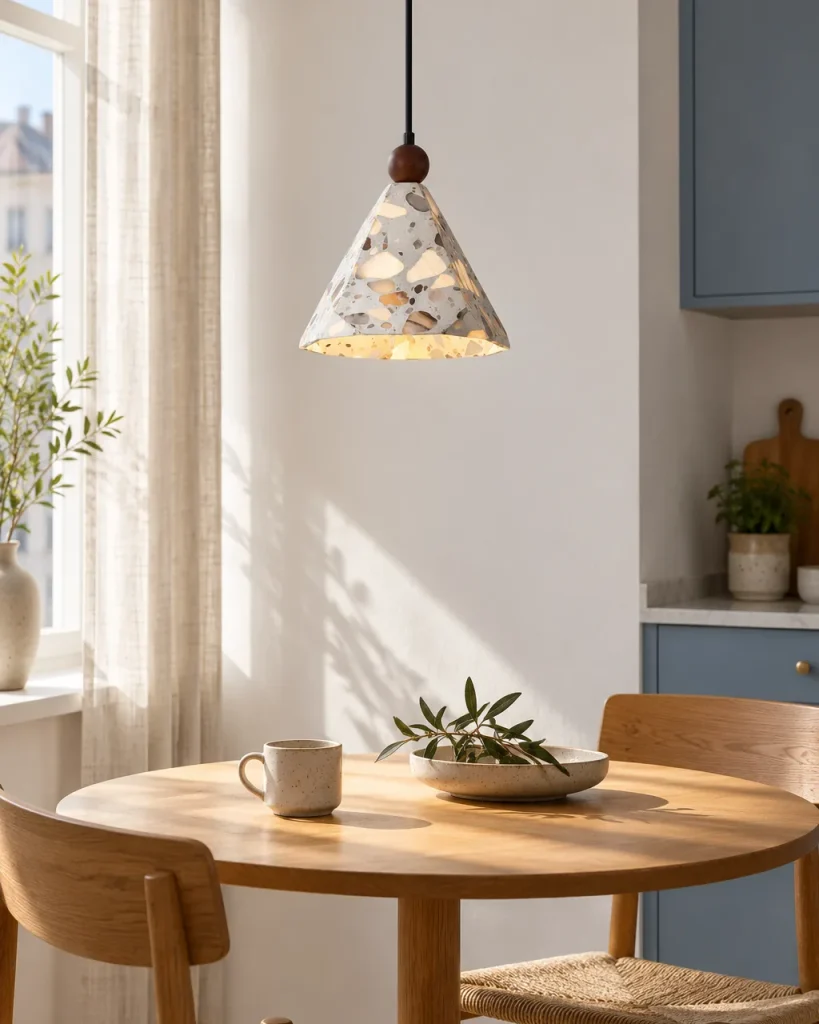 Lampada a sospensione NEMA, terrazzo e noce – sopra il tavolo nell'angolo pranzo della cucina, luce diurna
