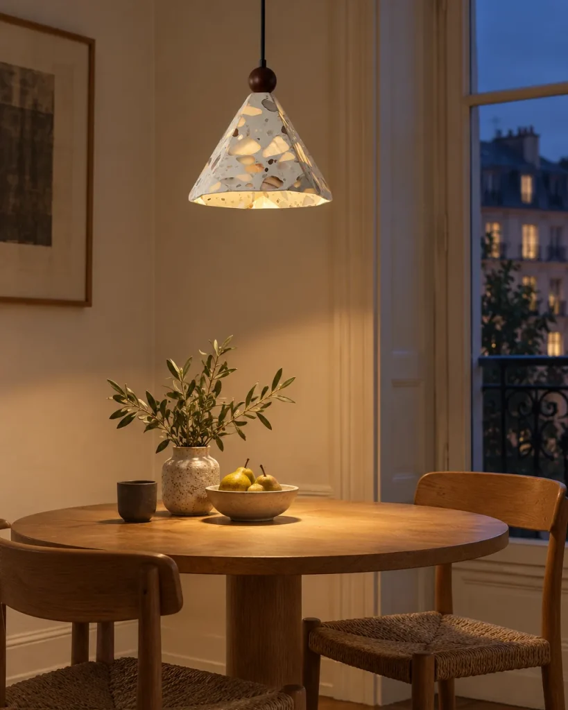 Lampada a sospensione NEMA, cono in terrazzo con sfera in noce – sopra il tavolo da pranzo rotondo, luce serale
