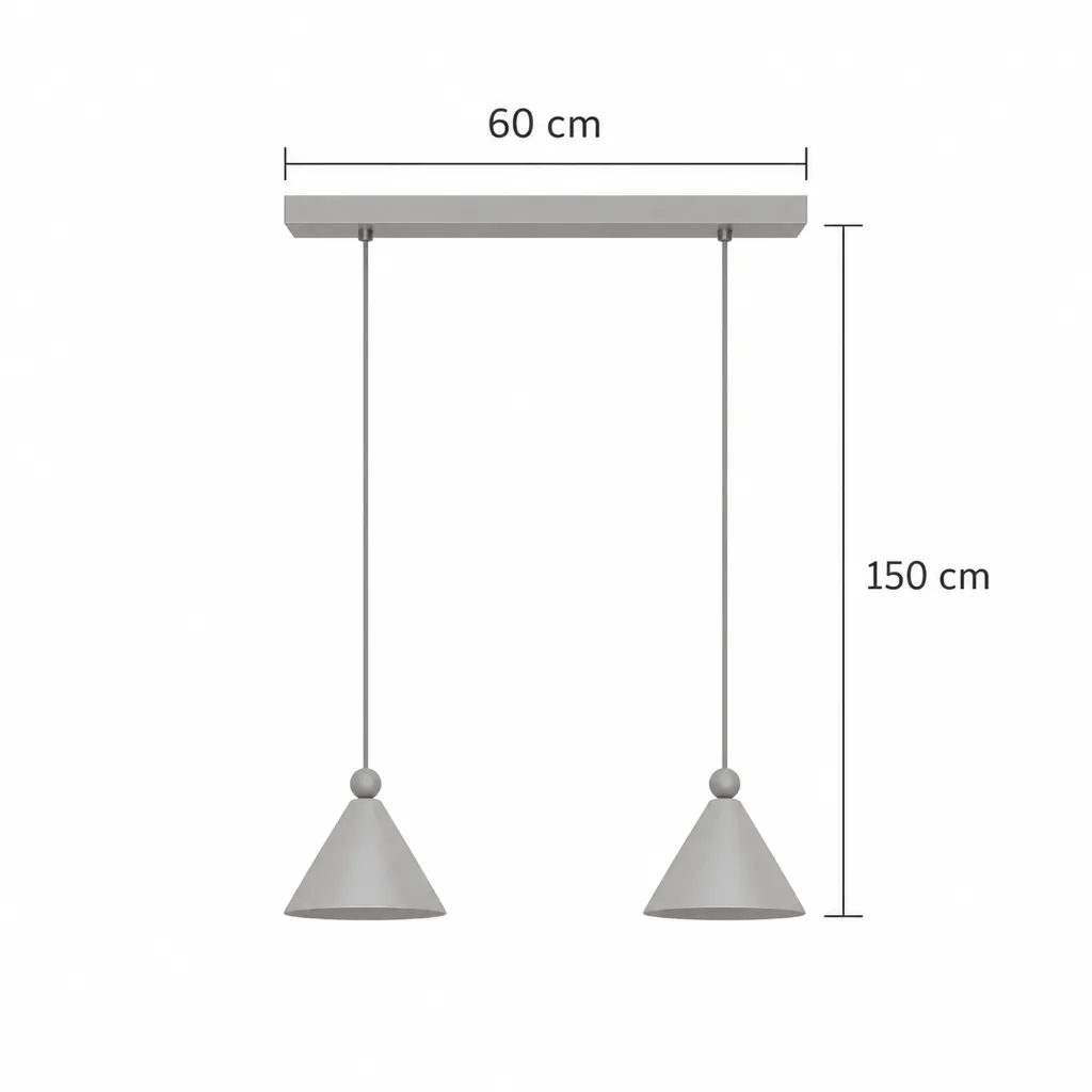 Lampada a sospensione NEMA, terrazzo e noce – disegno tecnico con misure doppia, rosone 60 cm, altezza 150 cm