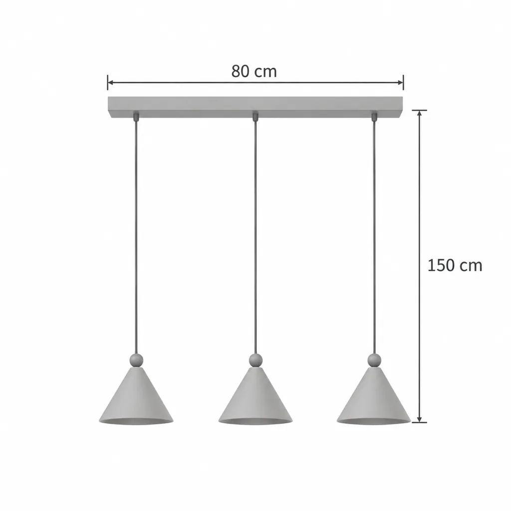 Lampada a sospensione NEMA, terrazzo e noce – disegno tecnico con misure tripla, rosone 80 cm, altezza 150 cm