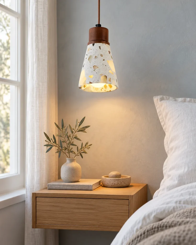 Hängelampe OMI, kleiner Terrazzo-Schirm mit Nussbaumholz, 3 Formen – über dem Nachttisch im Schlafzimmer, Tageslicht