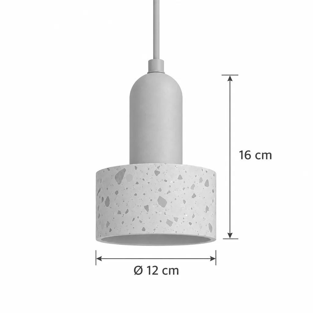 Hängelampe OMI, kleiner Terrazzo-Schirm mit Nussbaumholz, 3 Formen – Masszeichnung Trommel Ø 12 cm, Höhe 16 cm