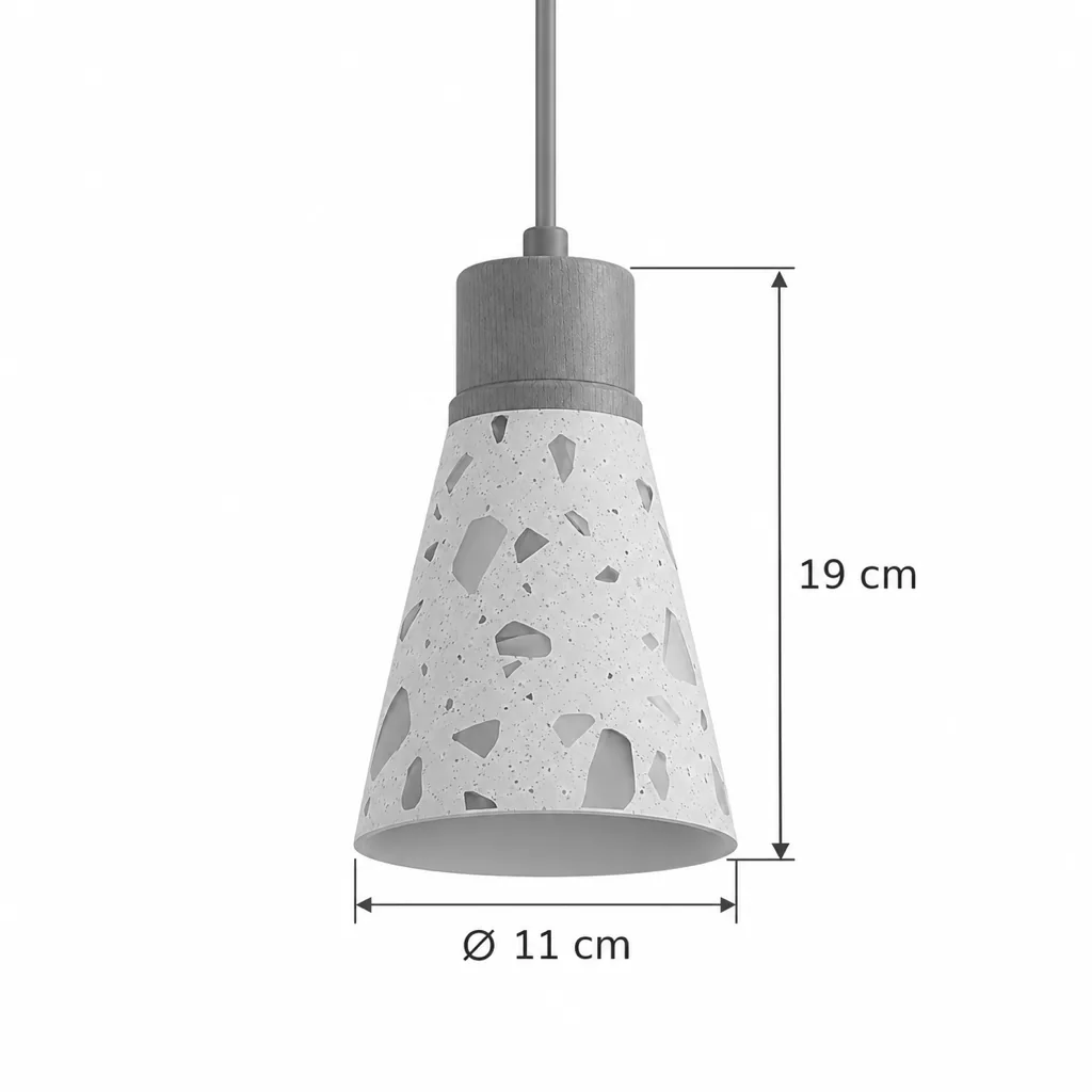 Hängelampe OMI, kleiner Terrazzo-Schirm mit Nussbaumholz, 3 Formen – Masszeichnung Konisch Ø 11 cm, Höhe 19 cm