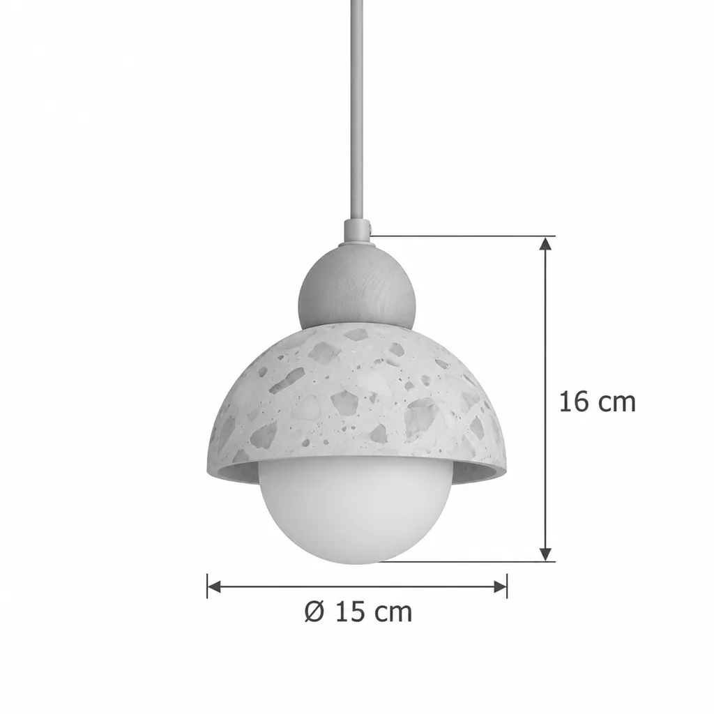Hängelampe OMI, kleiner Terrazzo-Schirm mit Nussbaumholz, 3 Formen – Masszeichnung Kuppel Ø 15 cm, Höhe 16 cm