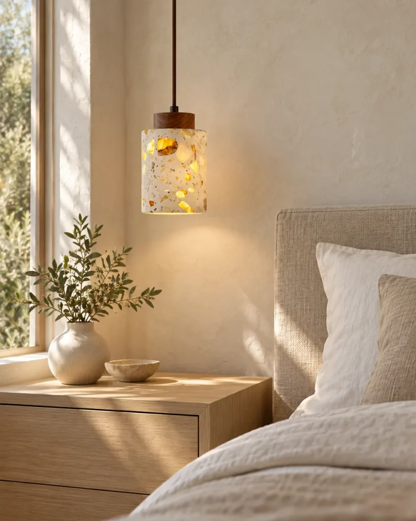 Lampada a sospensione NARO, terrazzo con testa in legno massello – accanto al letto in camera, luce diurna