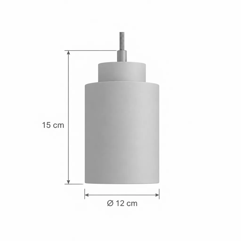 Lampada a sospensione NARO, terrazzo e legno – disegno tecnico con misure cilindro Ø 12 cm, altezza 15 cm