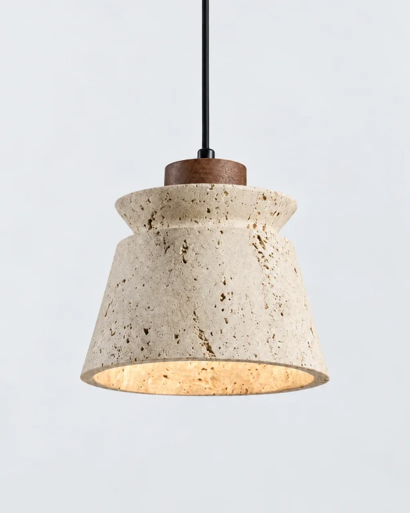 Hängelampe ILOA, Glocke aus rohem Travertin mit Nussbaumring – Beige, Einfach, Produktfoto