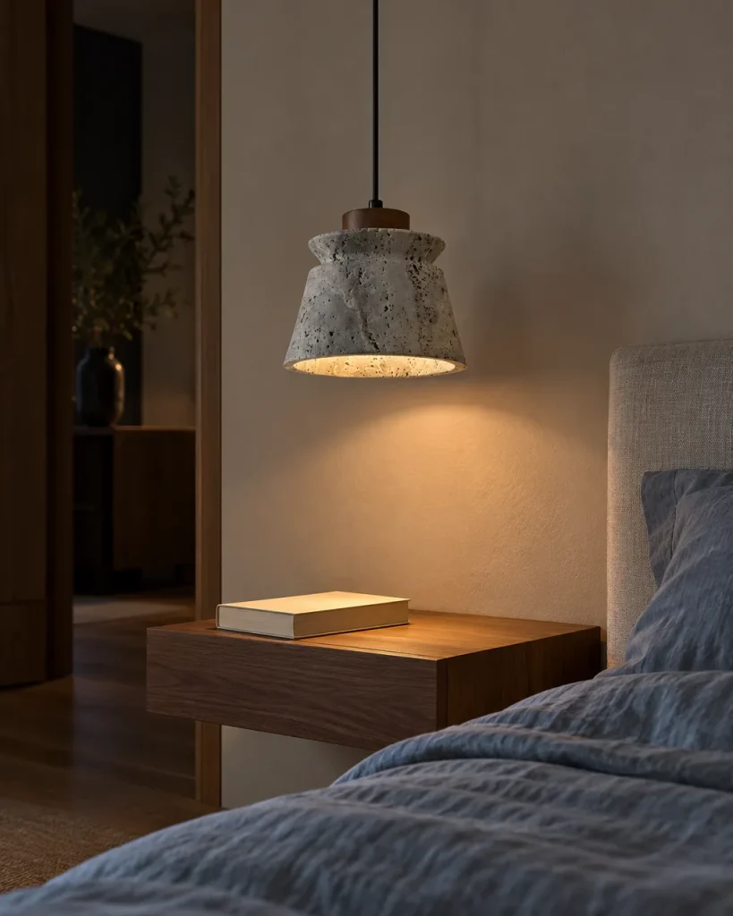 Hängelampe ILOA, Glocke aus rohem Travertin mit Nussbaumring – im Schlafzimmer über einem Nachttisch aus Nussbaum, Abendlicht
