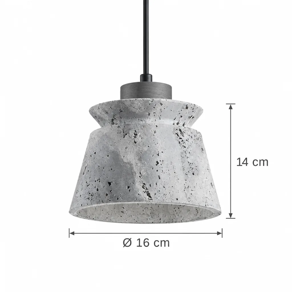 Hängelampe ILOA, Glocke aus rohem Travertin mit Nussbaumring – Masszeichnung Ø 16 cm, Höhe 14 cm