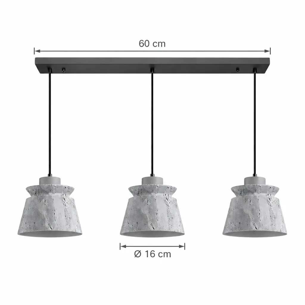 Hängelampe ILOA, Glocke aus rohem Travertin mit Nussbaumring – Masszeichnung Dreifach, Schiene 60 cm, Ø 16 cm