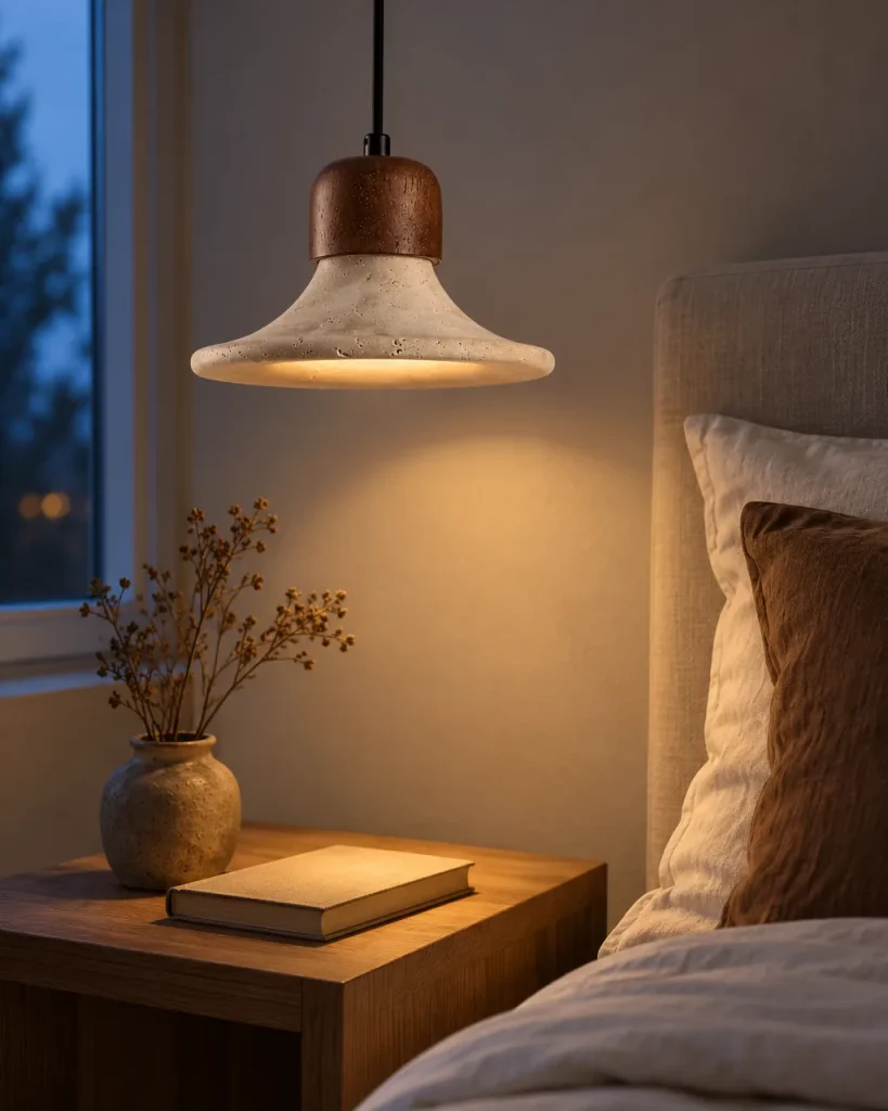 Hängelampe TINO, ausgestellter Travertinschirm mit Nussbaumkappe – neben dem Bett im Schlafzimmer, Abendlicht