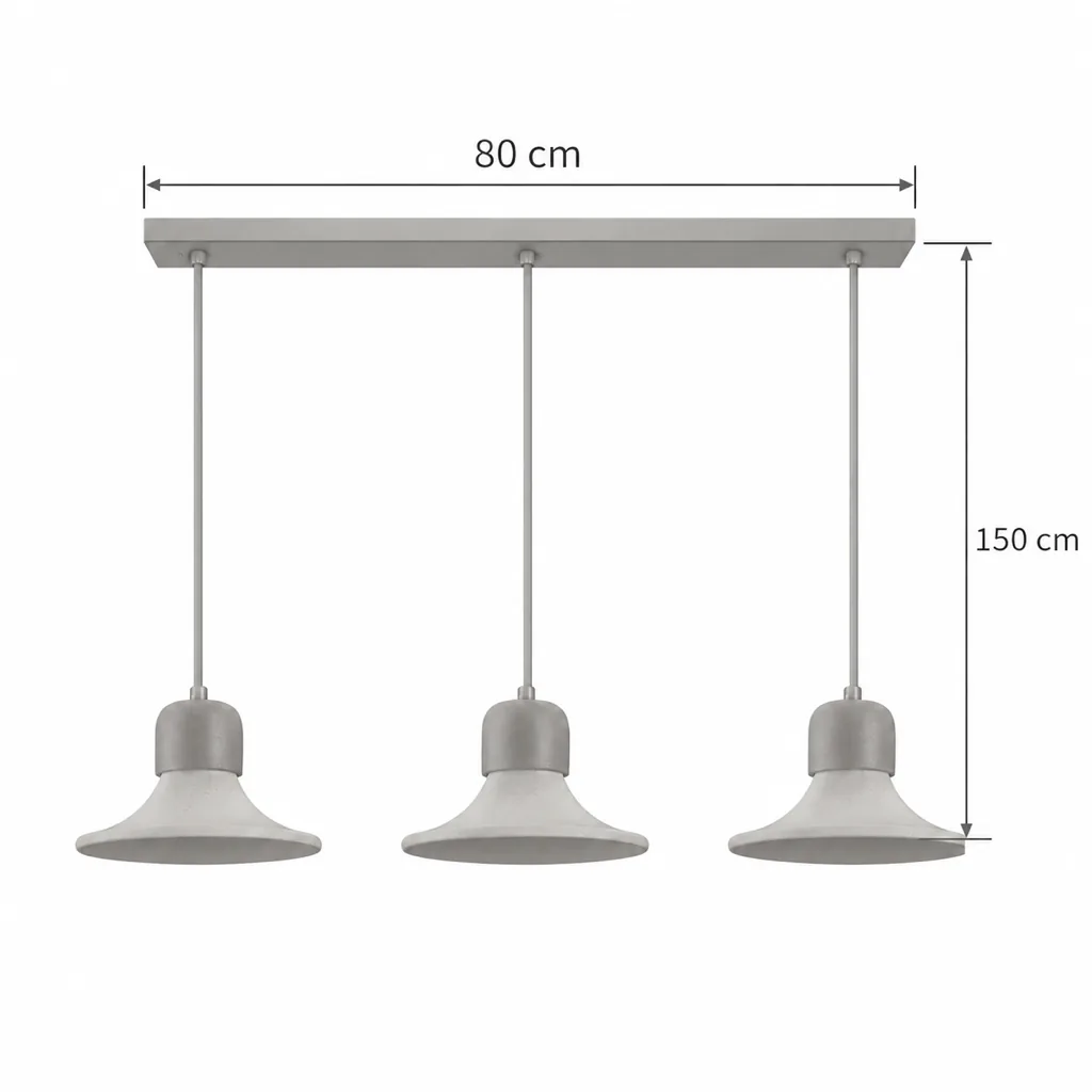 Hängelampe TINO, ausgestellter Travertinschirm mit Nussbaumkappe – Masszeichnung Dreifach, Schiene 80 cm, Höhe 150 cm