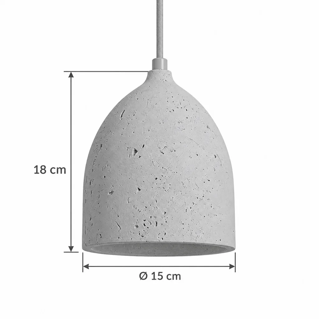 Hängelampe IZA, Glocke aus porösem Travertin – Masszeichnung Ø 15 cm, Höhe 18 cm