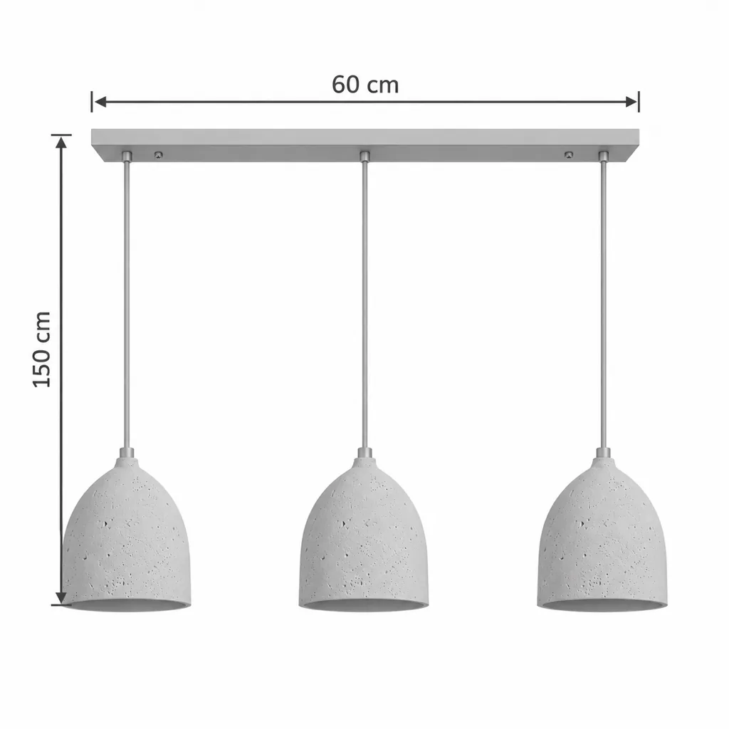 Hängelampe IZA, Glocke aus porösem Travertin – Masszeichnung Dreifach, Schiene 60 cm, Höhe 150 cm
