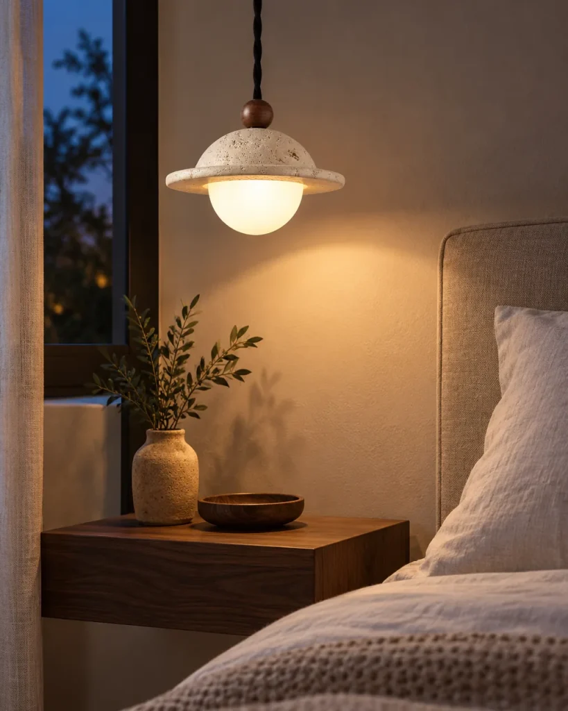 Hängelampe SKADI, Travertinhut mit Glaskugel und Holzkugel, 1 oder 3 Köpfe – neben dem Bett im Schlafzimmer, Abendlicht