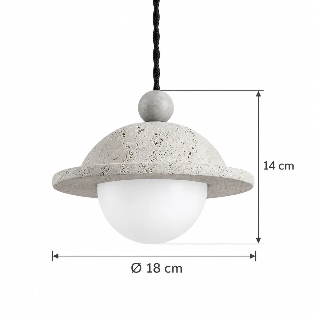 Hängelampe SKADI, Travertinhut mit Glaskugel und Holzkugel, 1 oder 3 Köpfe – Masszeichnung Einfach Ø 18 cm, Höhe 14 cm