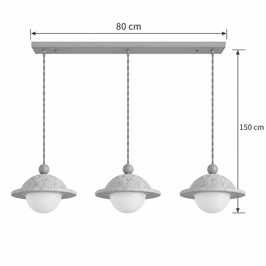 Hängelampe SKADI, Travertinhut mit Glaskugel und Holzkugel, 1 oder 3 Köpfe – Masszeichnung Dreifach, Schiene 80 cm, Höhe 150 cm