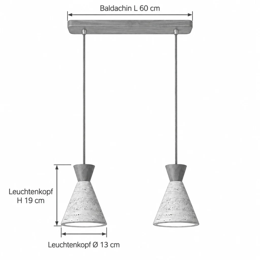 Hängelampe mit Travertinkegel YORI – Masse Baldachin L 60 cm, Leuchtenkopf Ø 13 cm, Leuchtenkopf H 19 cm