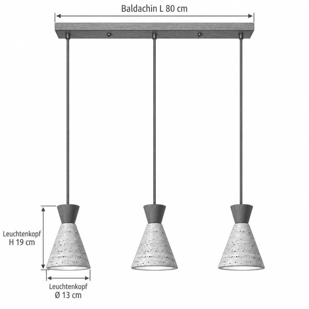 Hängelampe mit Travertinkegel YORI – Masse Baldachin L 80 cm, Leuchtenkopf Ø 13 cm, Leuchtenkopf H 19 cm