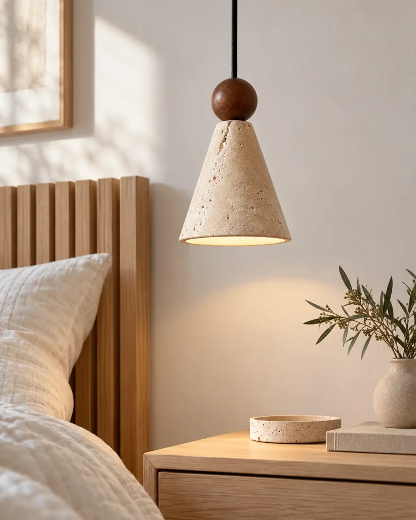 Lampada a sospensione EOS, cono in travertino con sfera in noce – in camera da letto accanto a un letto in legno, luce diurna