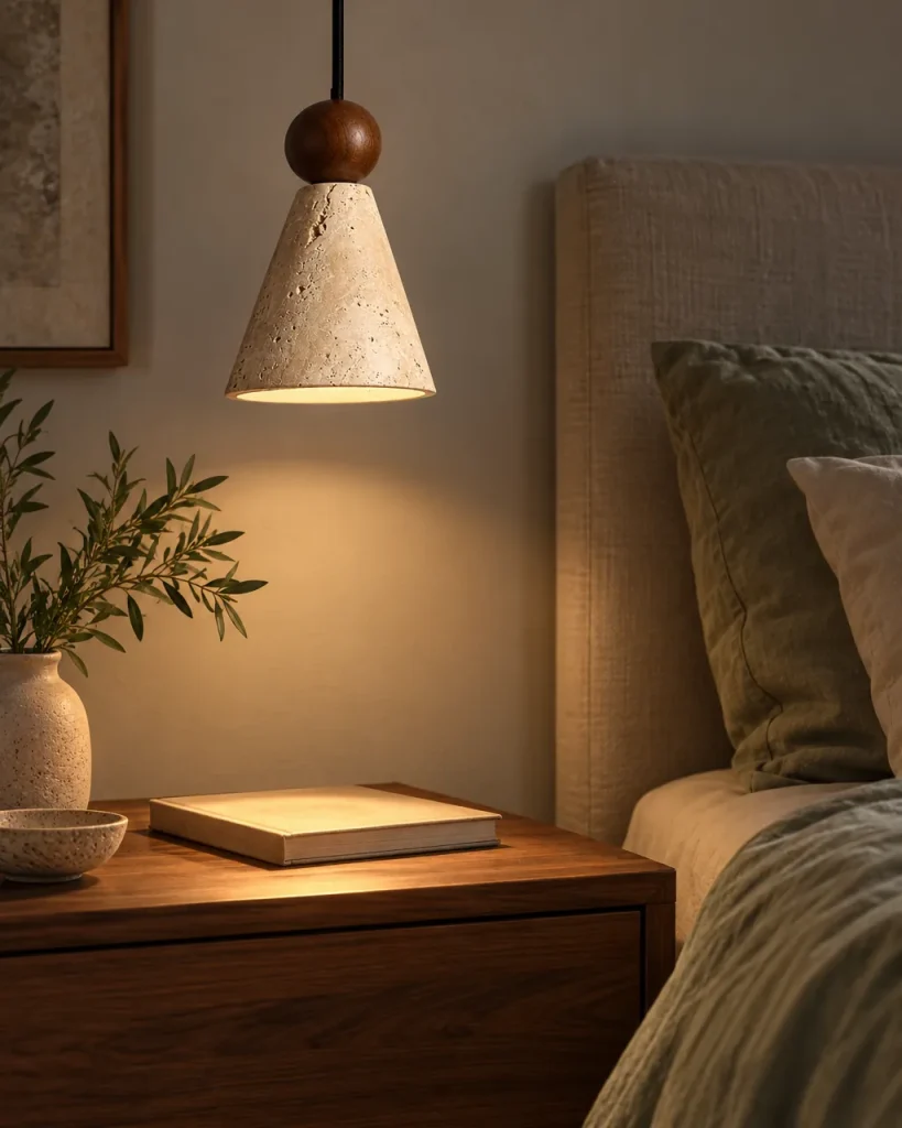 Lampada a sospensione EOS, travertino e noce – in camera da letto sopra un comodino in legno, luce serale