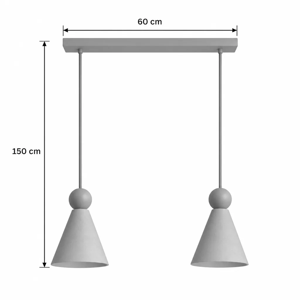 Lampada a sospensione EOS, travertino e noce – disegno tecnico con misure 2 luci, rosone 60 cm, altezza totale 150 cm