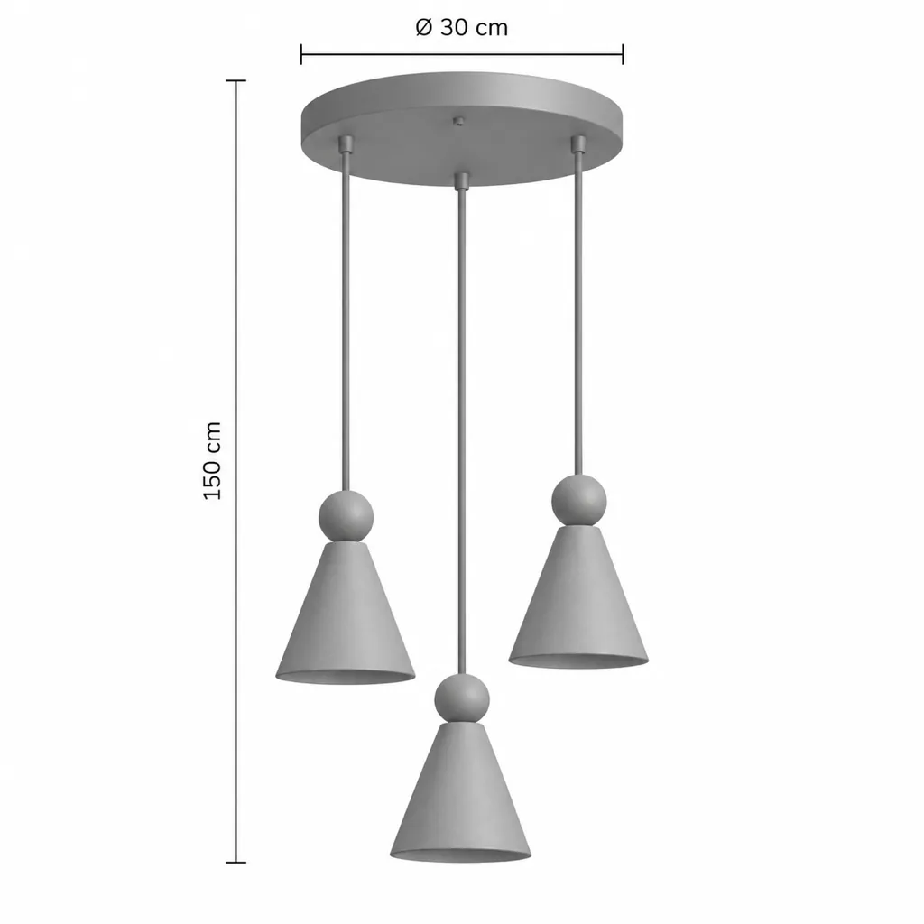 Lampada a sospensione EOS, travertino – disegno tecnico con misure 3 luci in cerchio, rosone Ø 30 cm, altezza totale 150 cm