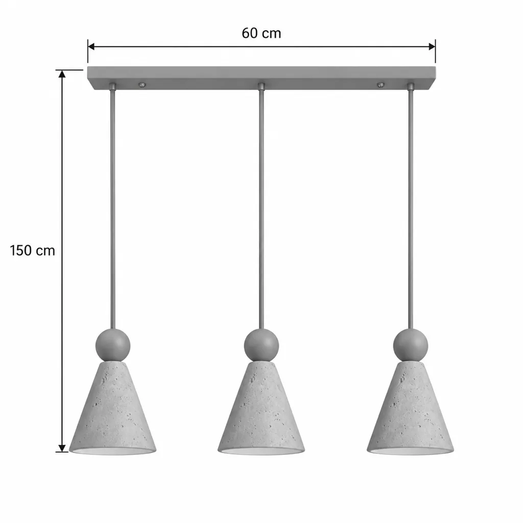 Lampada a sospensione EOS, travertino – disegno tecnico con misure 3 luci in linea, rosone 60 cm, altezza totale 150 cm