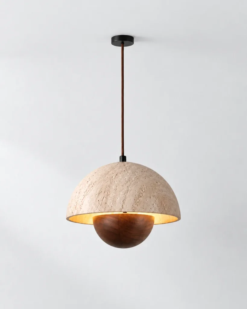 Lampada a sospensione MURA, cupola in travertino su semisfera in legno – legno scuro, foto prodotto