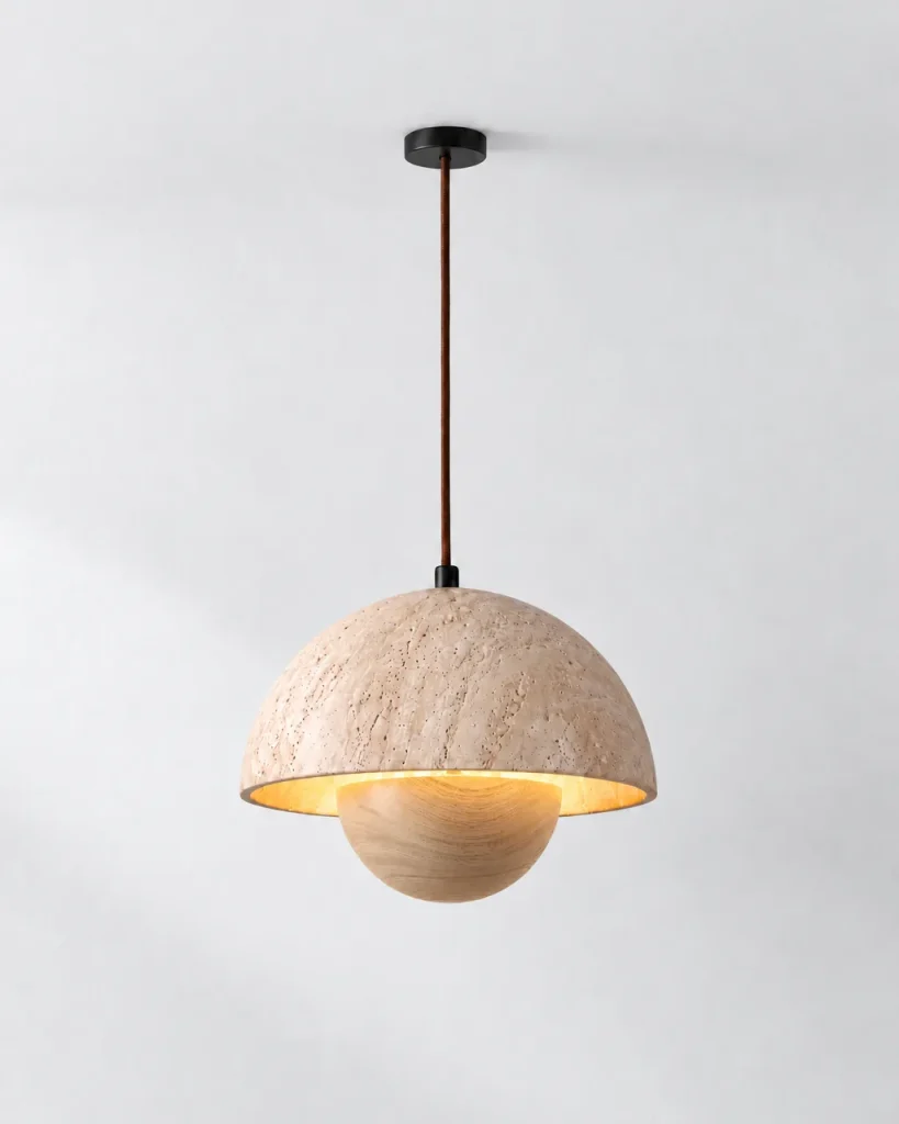 Lampada a sospensione MURA, cupola in travertino su semisfera in legno – legno chiaro, foto prodotto
