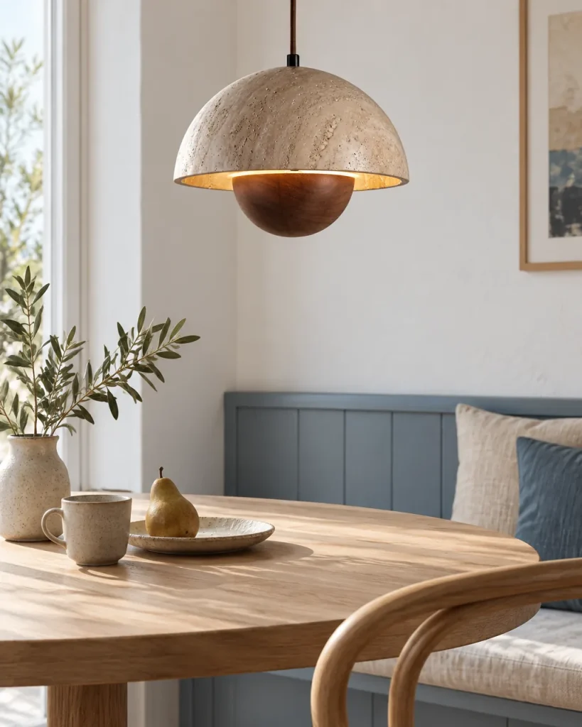 Lampada a sospensione MURA, travertino e legno – legno scuro, sopra un tavolo in legno nell'angolo colazione, luce diurna
