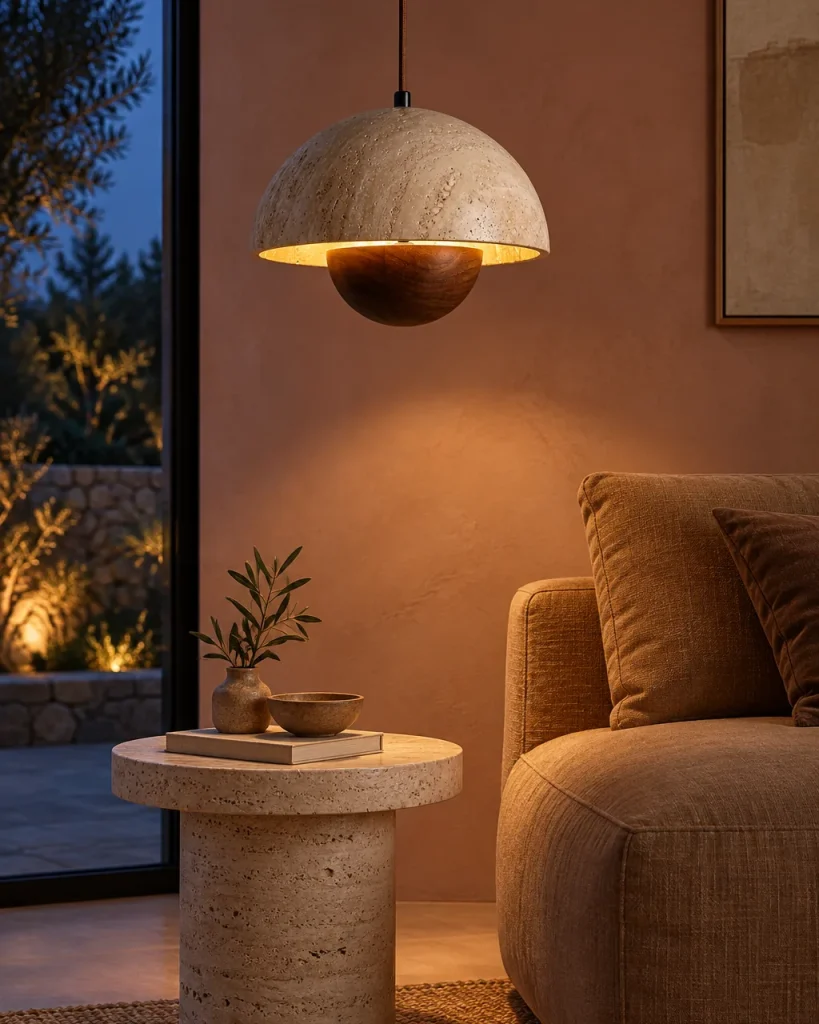 Lampada a sospensione MURA, travertino e legno – legno scuro, in soggiorno sopra un tavolino, luce serale