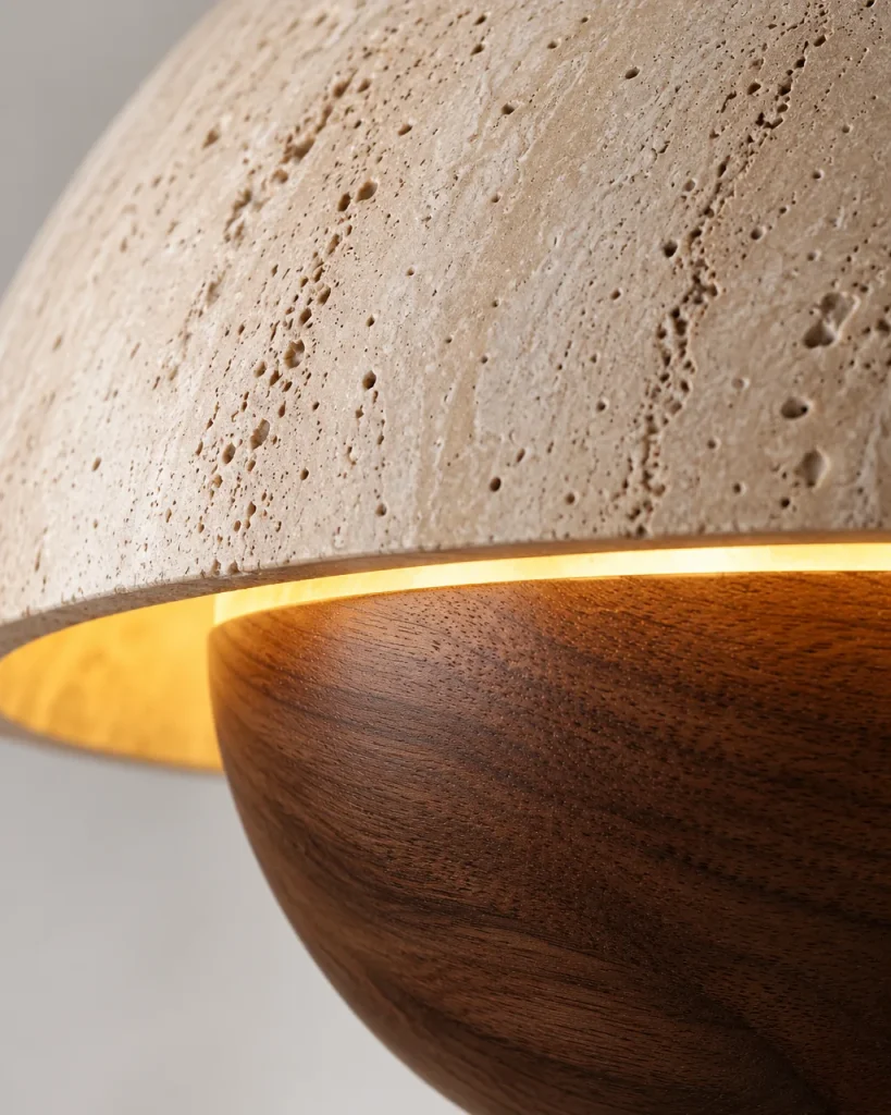 Lampada a sospensione MURA, travertino e legno – dettaglio del bordo in travertino, della fessura di luce e del noce