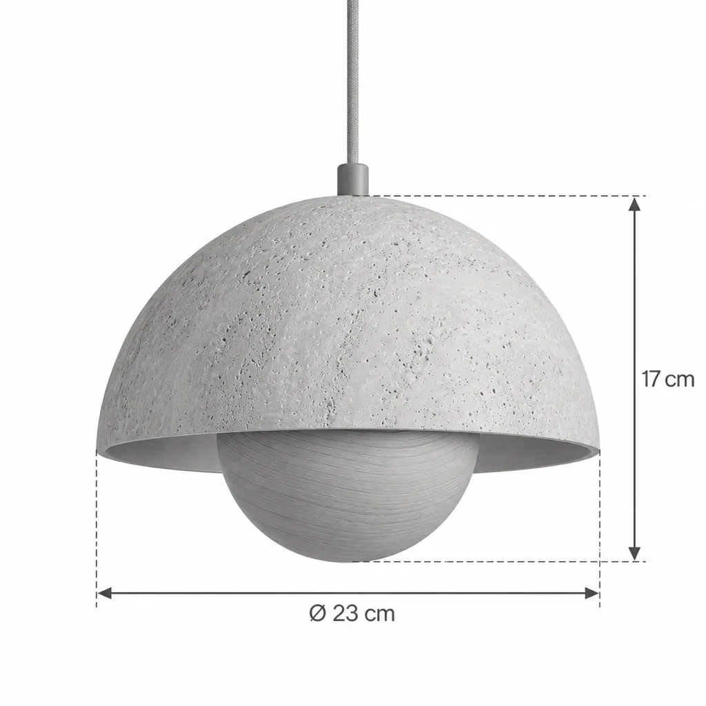 Lampada a sospensione MURA, cupola in travertino su semisfera in legno – disegno tecnico con misure Ø 23 cm, altezza 17 cm