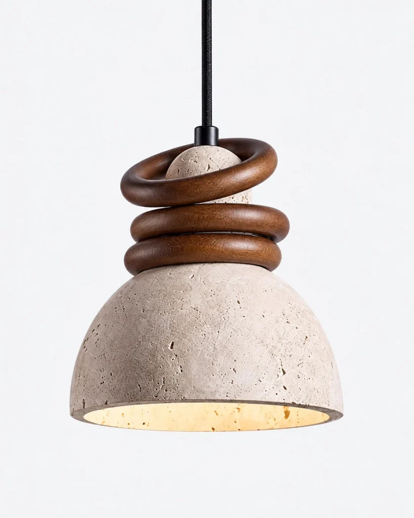 Hängelampe mit Travertinkuppel und Holzringen IRO – Einflammig, Produktfoto