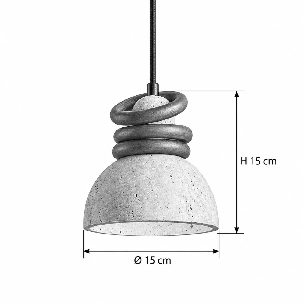 Hängelampe mit Travertinkuppel und Holzringen IRO – Masszeichnung Ø 15 cm, H 15 cm