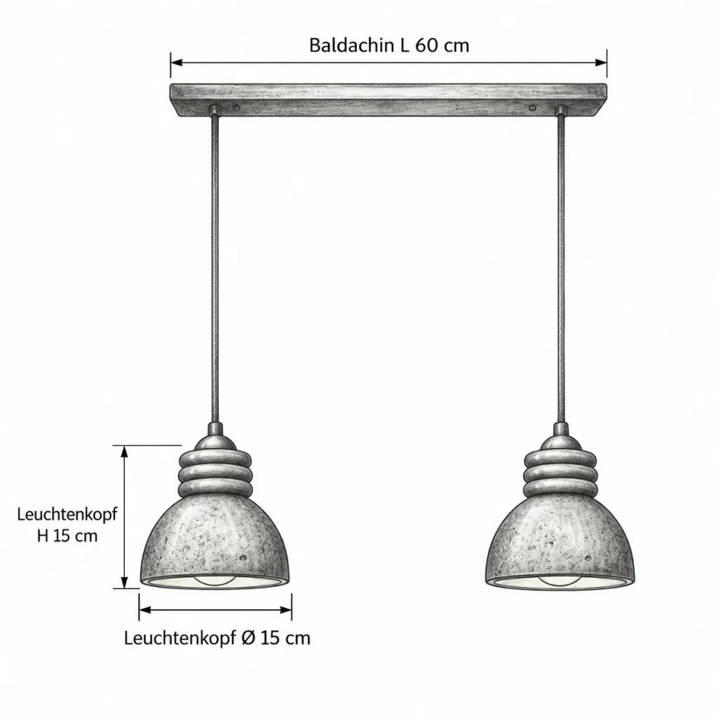 Hängelampe mit Travertinkuppel und Holzringen IRO – Masszeichnung Baldachin L 60 cm, Leuchtenkopf Ø 15 cm, Leuchtenkopf H 15 cm