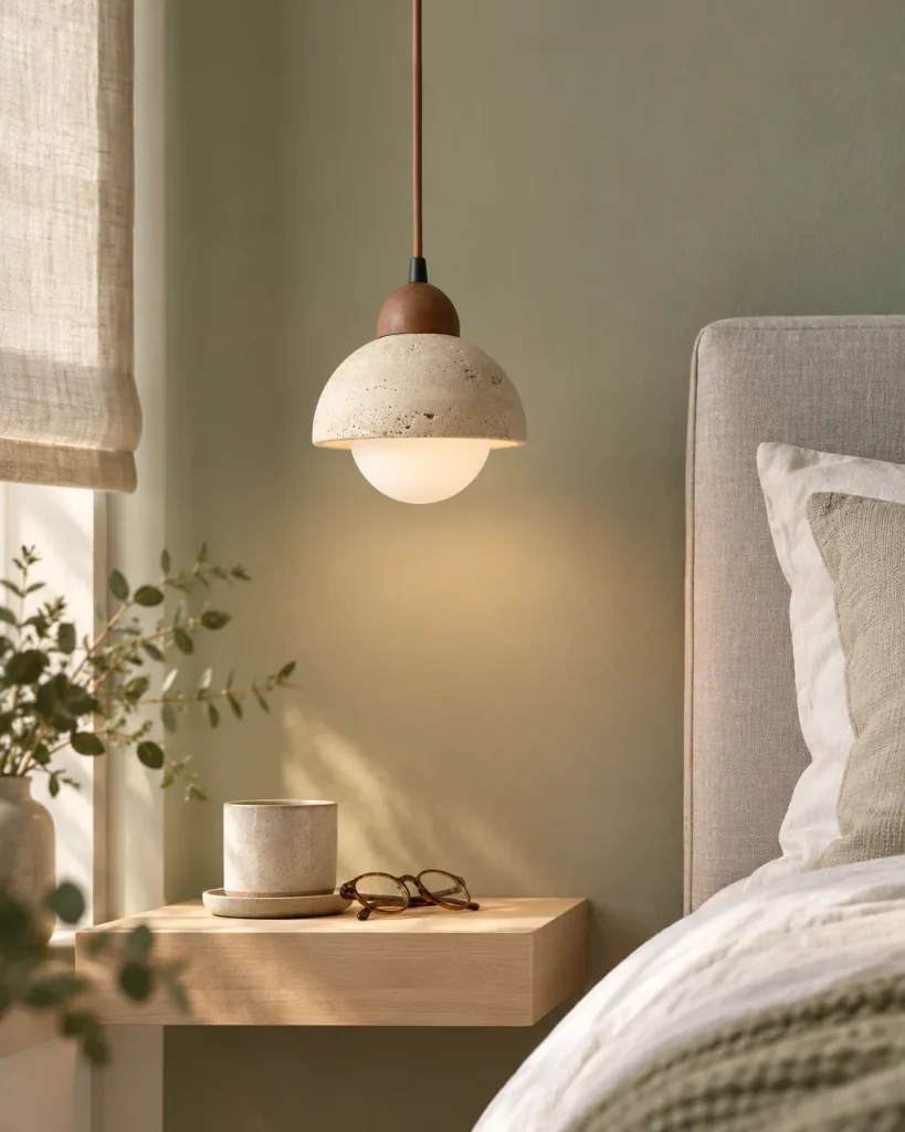 Hängelampe MILDA, Travertinkuppel mit Nussbaumkappe und Opalglas – im Schlafzimmer neben dem Bett, Tageslicht