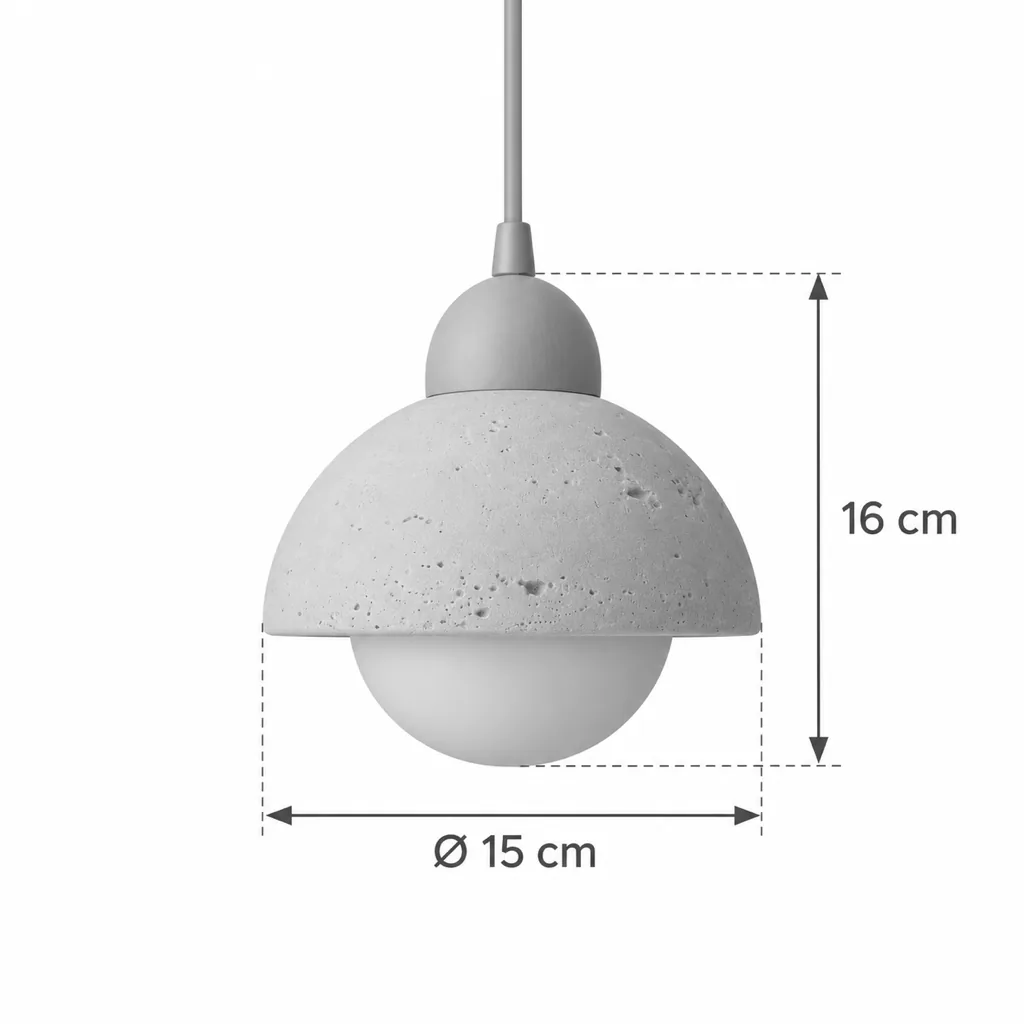 Hängelampe MILDA, Travertinkuppel mit Nussbaumkappe und Opalglas – Masszeichnung Ø 15 cm, Höhe 16 cm