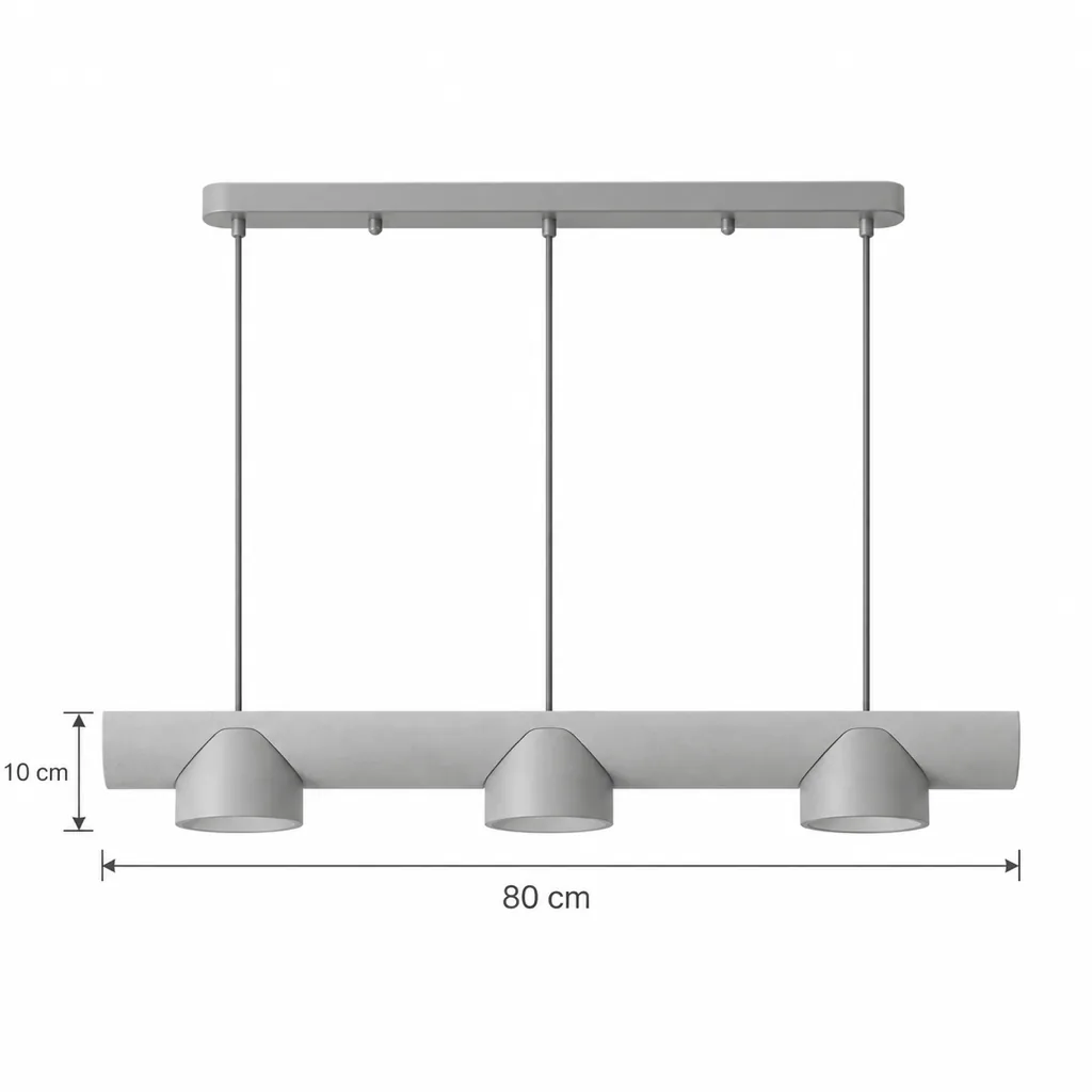 Hängelampe CADA, Travertin-Balken mit drei Nussbaumschirmen – Masszeichnung Länge 80 cm, Höhe 10 cm
