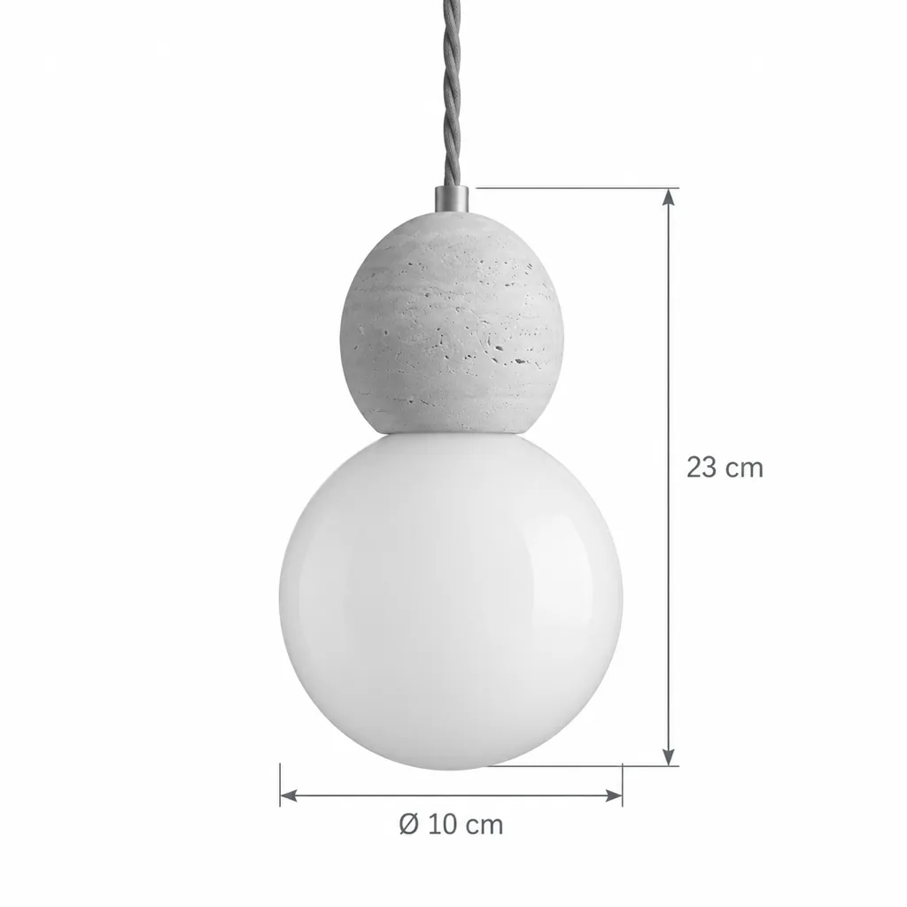Hängelampe VINA, Travertinschirm mit Messingfassung, 6 Formen – Masszeichnung Modell E Kappe mit Glaskugel Ø 10 cm, Höhe 23 cm