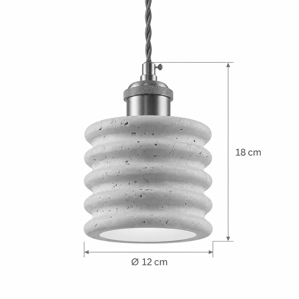 Hängelampe VINA, Travertinschirm mit Messingfassung, 6 Formen – Masszeichnung Modell F Rillenzylinder Ø 12 cm, Höhe 18 cm