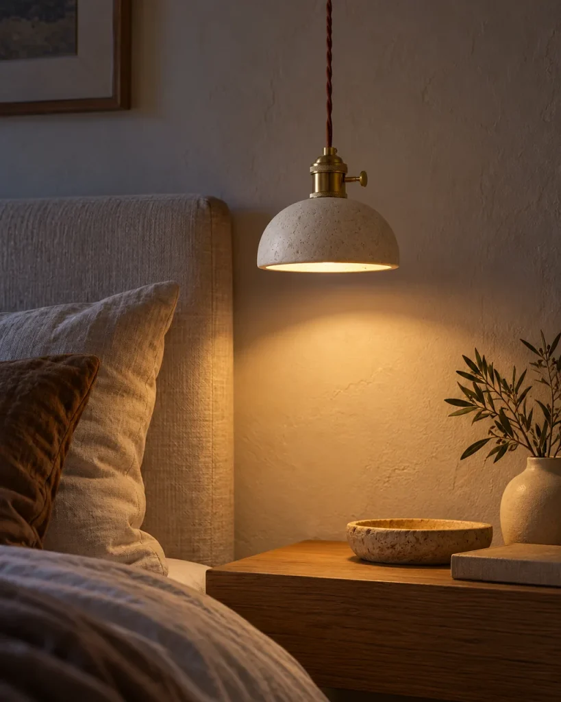 Hängelampe VINA, Travertinschirm mit Messingfassung, 6 Formen – neben dem Bett im Schlafzimmer, Abendlicht