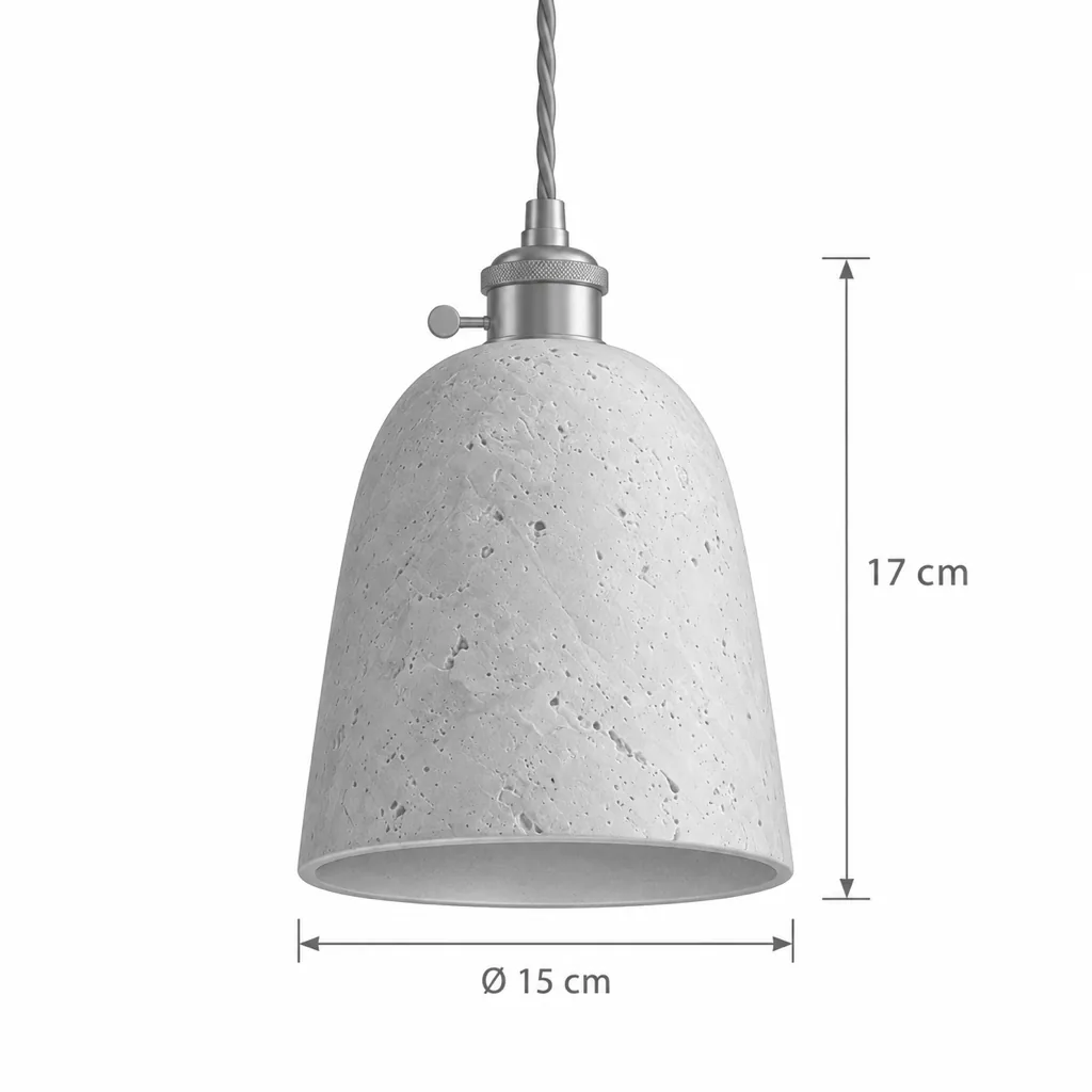 Hängelampe VINA, Travertinschirm mit Messingfassung, 6 Formen – Masszeichnung Modell B Glocke Ø 15 cm, Höhe 17 cm