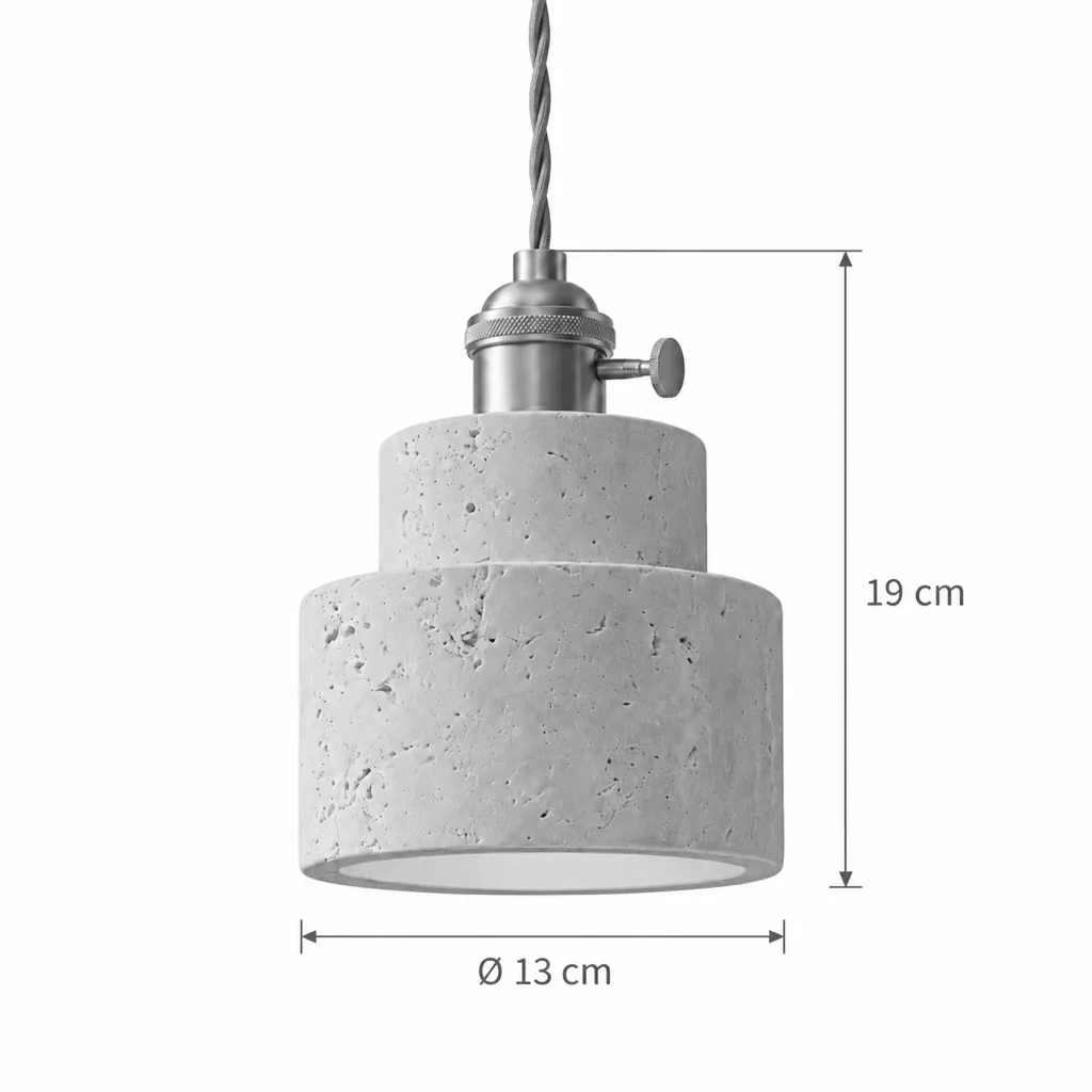 Hängelampe VINA, Travertinschirm mit Messingfassung, 6 Formen – Masszeichnung Modell C Stufenzylinder Ø 13 cm, Höhe 19 cm