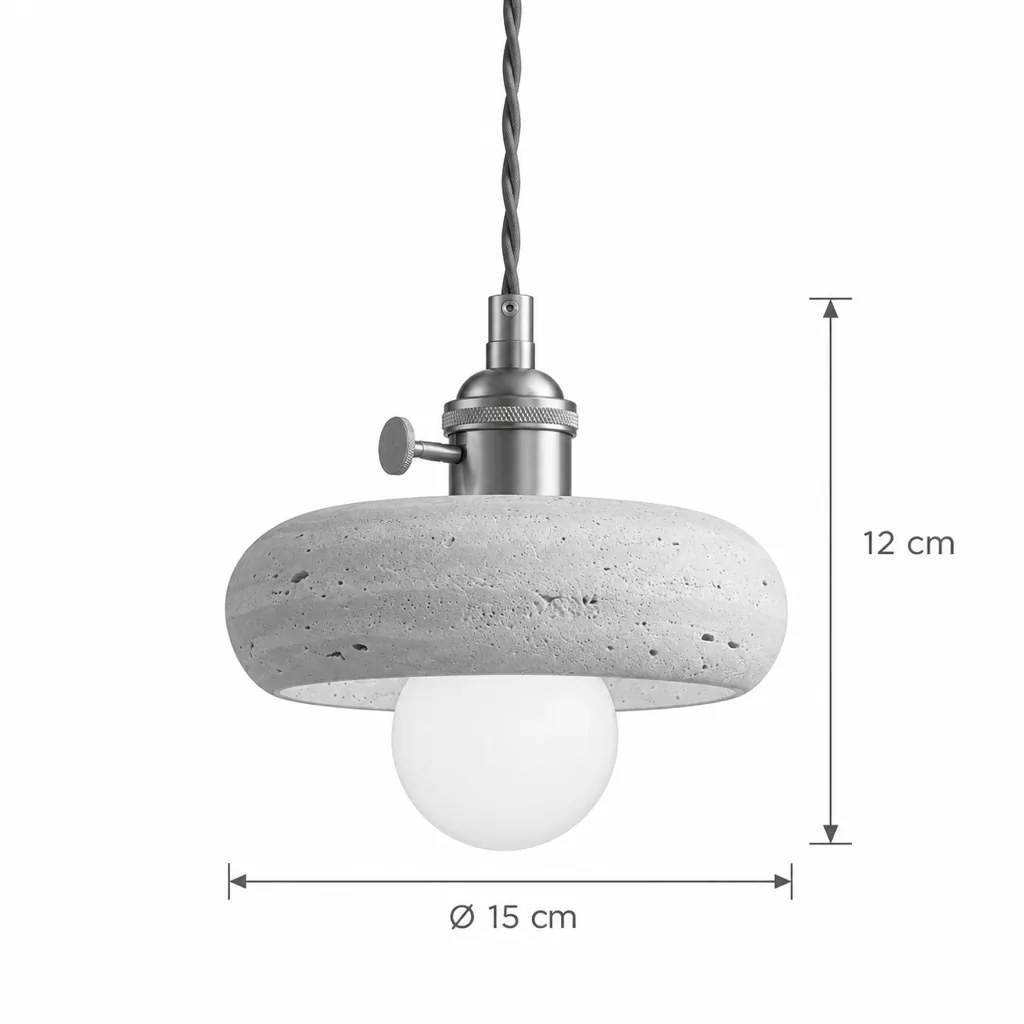Hängelampe VINA, Travertinschirm mit Messingfassung, 6 Formen – Masszeichnung Modell D Kiesel Ø 15 cm, Höhe 12 cm