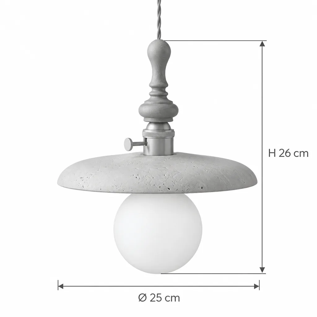 Hängelampe GERA, Travertin, Nussbaum, Messing und Opalglaskugel – Masszeichnung Modell C, Ø 25 cm, Höhe 26 cm