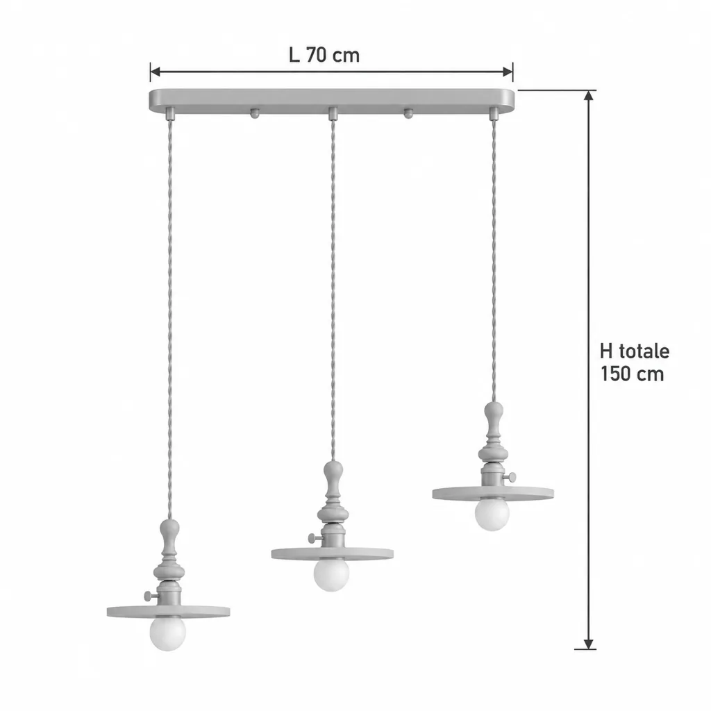 Hängelampe GERA, Travertin, Nussbaum, Messing und Opalglaskugel – Masszeichnung Dreifach Modell A, Schiene 70 cm, Gesamthöhe 150 cm