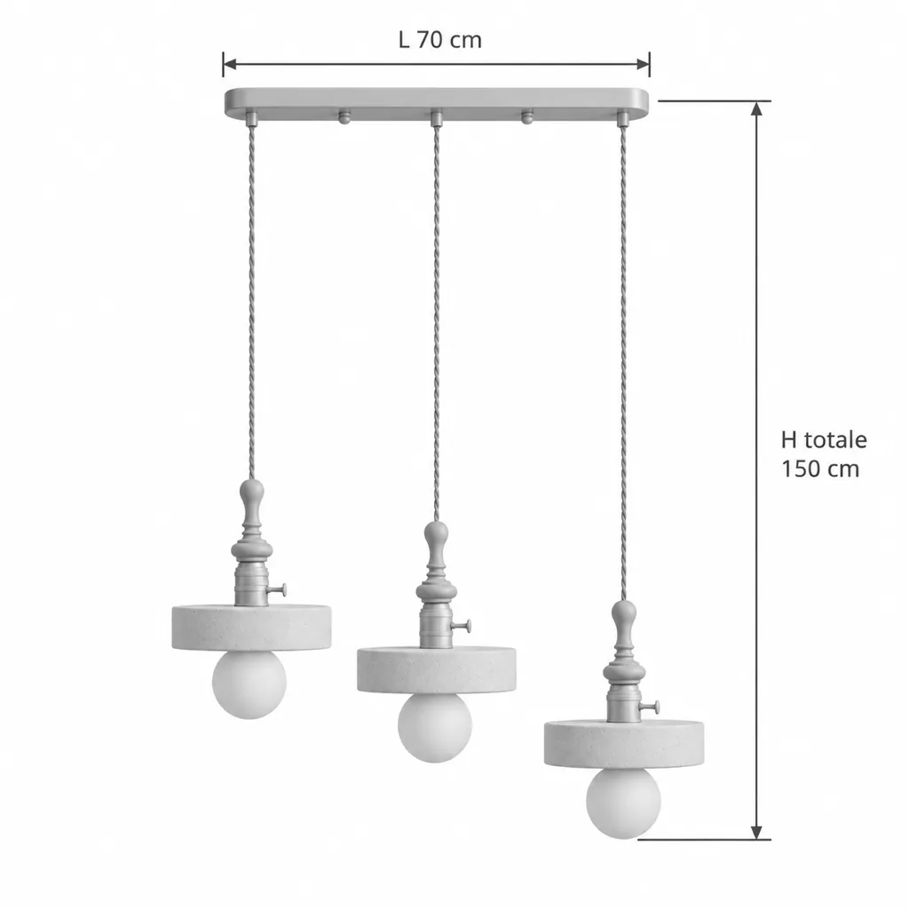 Hängelampe GERA, Travertin, Nussbaum, Messing und Opalglaskugel – Masszeichnung Dreifach Modell B, Schiene 70 cm, Gesamthöhe 150 cm